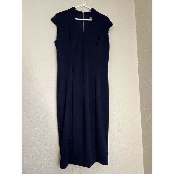 Alexia Admor Dress Naomi Drape Sheath Navy Womens Sz L - Picture 1 of 4